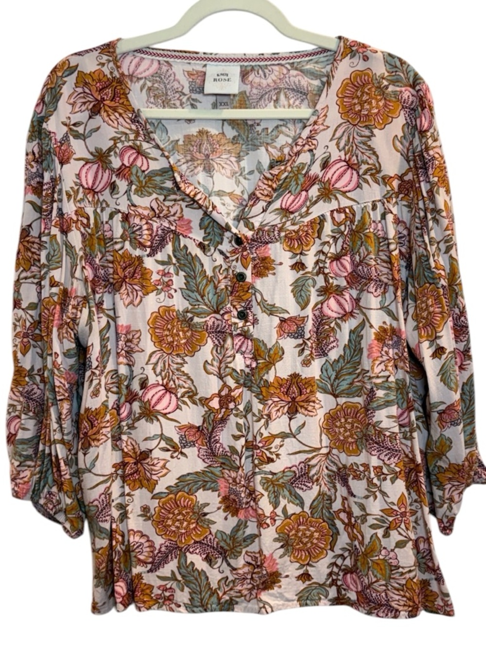 Knox Rose Pink Floral V-Neck Button Peasant Blouse - Picture 3 of 5